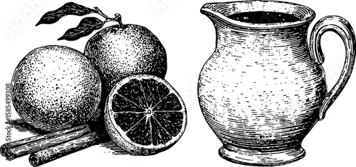 Engraved sangria pitcher with oranges and cinnamon for art and design