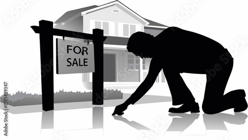 Silhouette of a person kneeling near a for sale sign in front of a house on a reflective surface