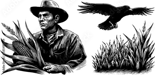 Engraved illustration of scarecrow with corn and crow in rustic landscape