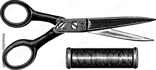 Engraved vintage scissors and thread illustration for sewing and crafts design