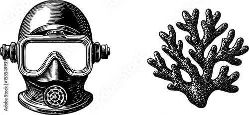 Engraved scuba diving helmet and coral illustration for nautical decor and marine adventure themes