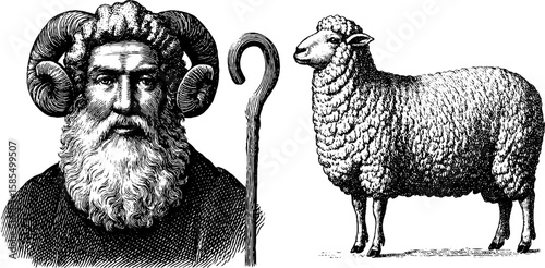 Engraved illustration of shepherd and sheep for rustic designs and art prints