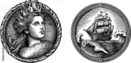 Mythical siren and sailing ship in detailed engraved design for nautical-themed artwork