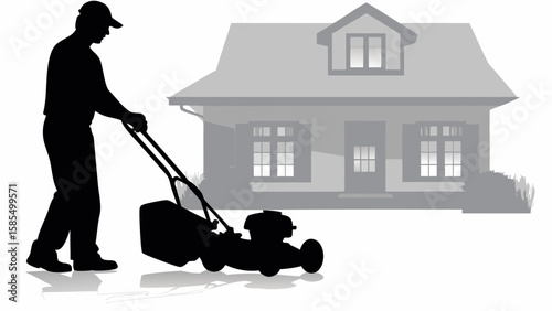 Silhouette of a man mowing the lawn in front of a house on a bright day with a cap on his head