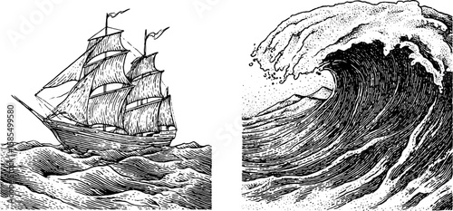 Nautical adventure with engraved ship sail and ocean wave illustration set for print