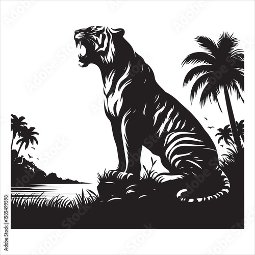 siting tiger face Silhouette Vector Art, and Graphic, vector black color silhouette , solated white background 