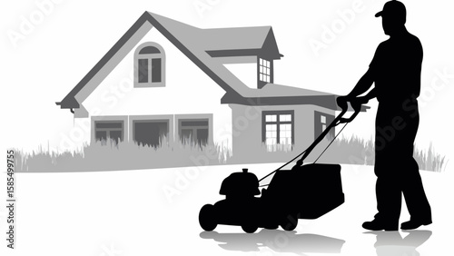Silhouette of a man mowing the lawn in front of a house on a sunny day with a cap on his head