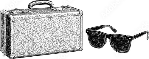 Vintage spy gear engraving with briefcase and sunglasses for retro design