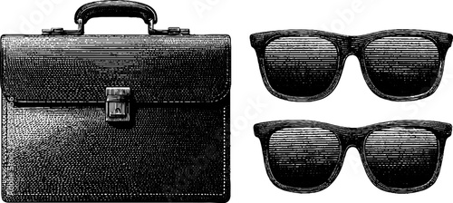 Vintage engraved spy theme with briefcase and sunglasses for design and decor