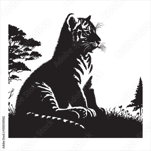 siting tiger face Silhouette Vector Art, and Graphic, vector black color silhouette , solated white background 
