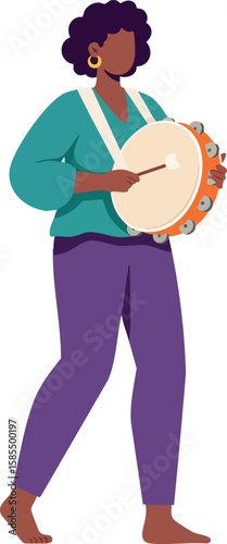 Woman playing tambourine barefoot purple pants teal blouse Afro hairstyle vector illustration