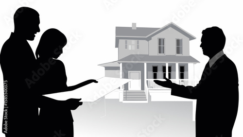 Silhouette of couple reviewing documents with a real estate agent in front of a house image scene