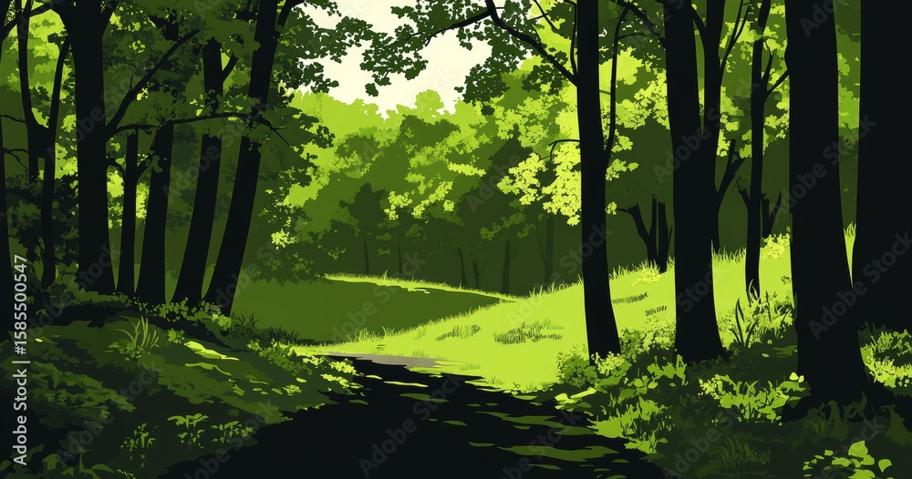 Fototapeta premium The view of the taiga is depicted with coniferous forest featuring firs and pines, set against a landscape of trees and grass in a silhouette picture isolated on a white background in modern form