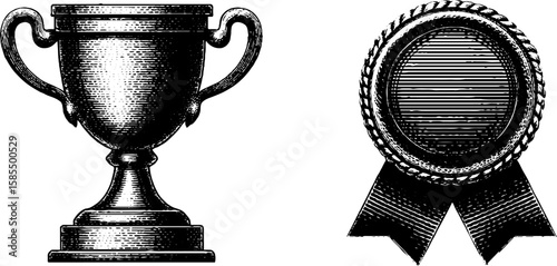Engraved vintage trophy and medal set for achievement and awards design