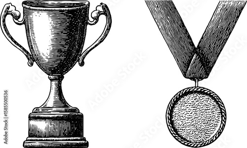 Vintage engraved illustration of trophy and medal for awards and recognition design