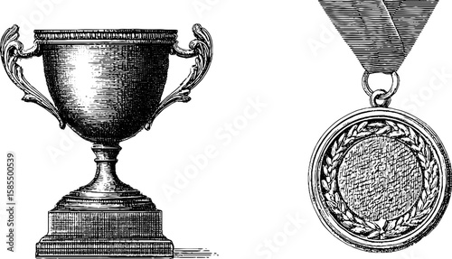 Vintage engraved trophy and medal illustration for awards and recognition design