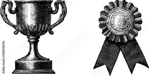 Engraved trophy and medal illustration for awards and achievements design