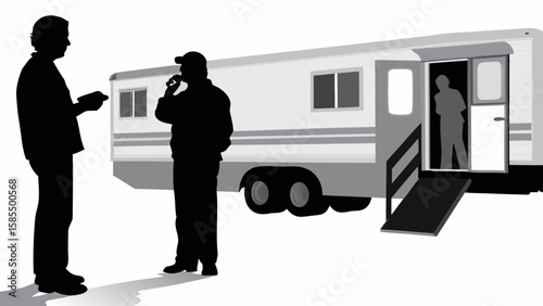 Silhouette figures near a trailer with a ramp and a person entering the trailer door on a white background
