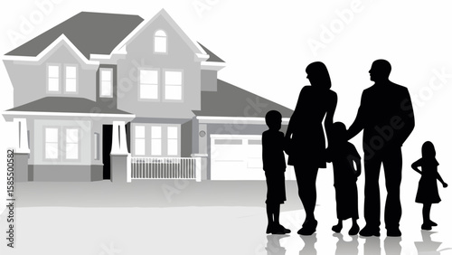 Silhouette of a family of five standing in front of a two story house with an attached garage