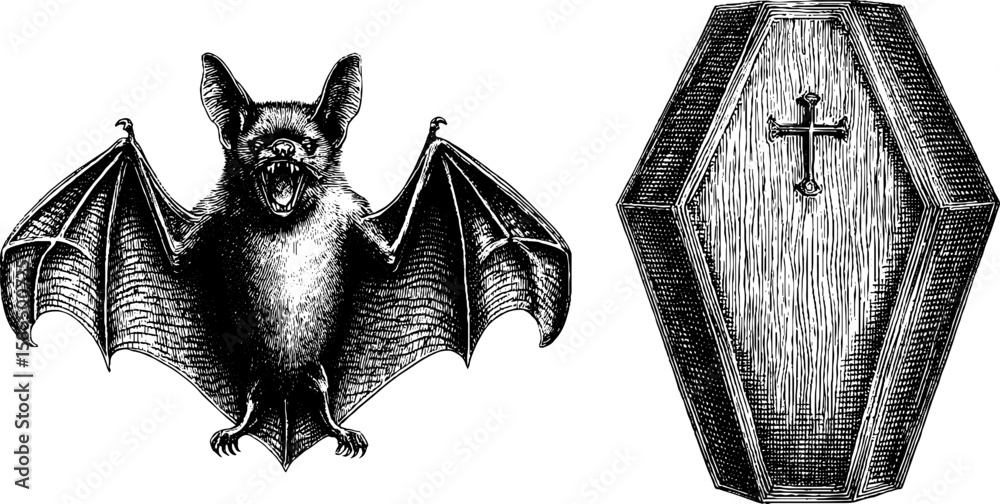 Fototapeta premium Engraved gothic illustration set featuring vampire bat and coffin design for halloween