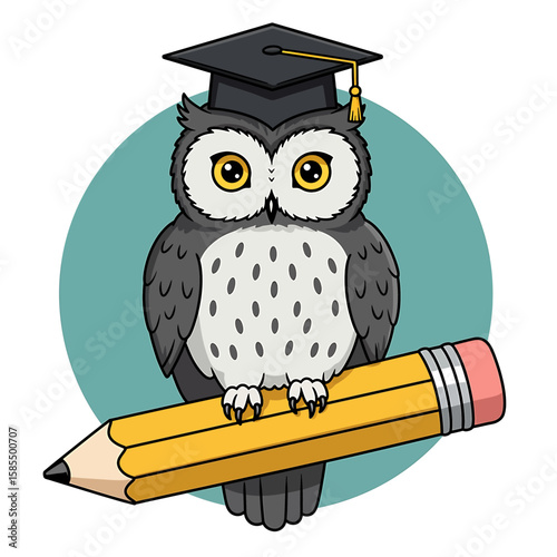 Cartoon illustration depicting an owl wearing a graduation cap, perched on a large yellow pencil with a blue background.