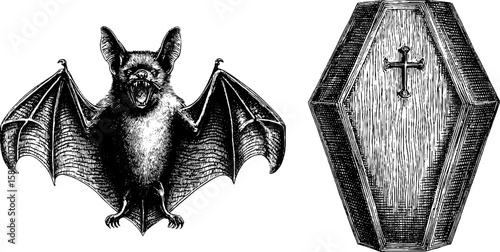 Engraved gothic illustration set featuring vampire bat and coffin design for halloween