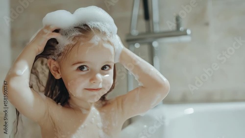 Young child plays with bubbles during bath time at home