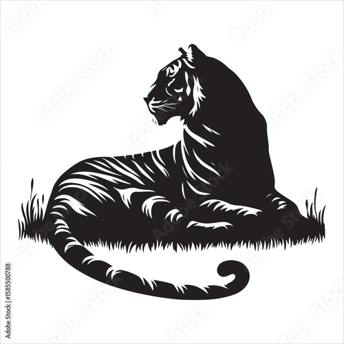 siting tiger face Silhouette Vector Art, and Graphic, vector black color silhouette , solated white background 