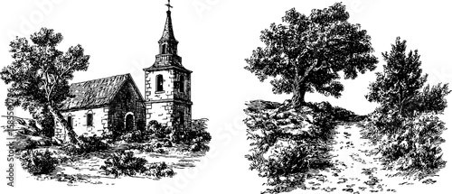 Vintage engraved illustrations of village church and scenic pathway with trees
