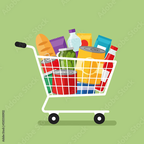 Shopping cart filled with grocery items including canned goods, bread, and a bottle against a green background evokes a feeling of buying food