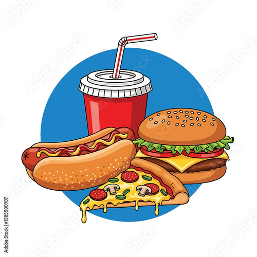 Fast food feast featuring a burger, hotdog, pizza, and soda pop against a blue background creates a tempting food illustration.
