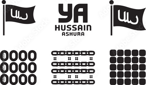 Islamic Commemoration Graphic Set in Black and White Featuring Ya Hussain Ashura Flags and Abstract Mourning Patterns
