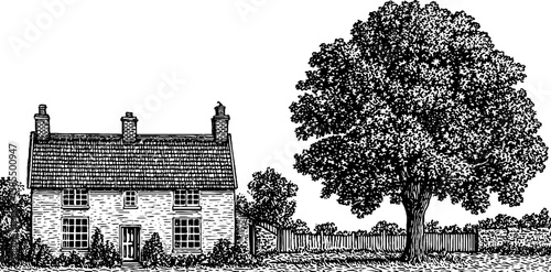Vintage engraved illustration of village inn and snug for rustic design concepts