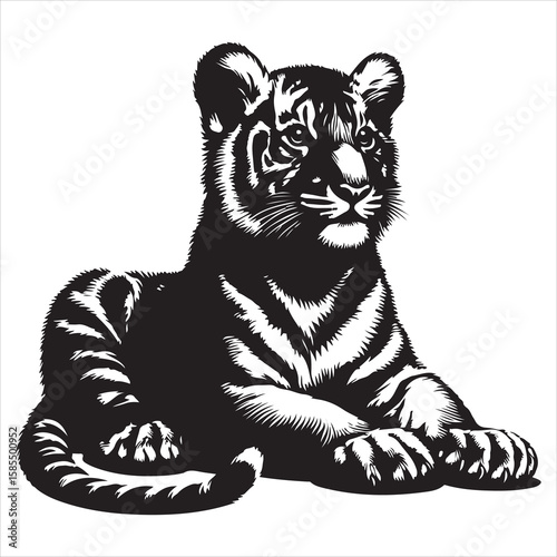siting tiger face Silhouette Vector Art, and Graphic, vector black color silhouette , solated white background 