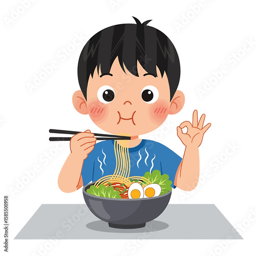 A happy boy enjoys a delicious bowl of ramen noodles, using chopsticks and making an ok gesture for a perfect meal.
