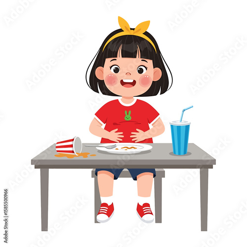 A happy little girl with a full belly enjoys mealtime with a drink and food, cartoon art for children's illustrations.