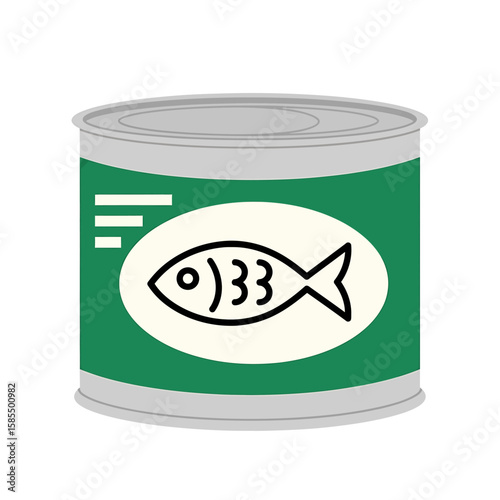 Simple illustration of a green tin can containing fish, a popular shelf-stable food item, showing a modern, minimalist vector design.