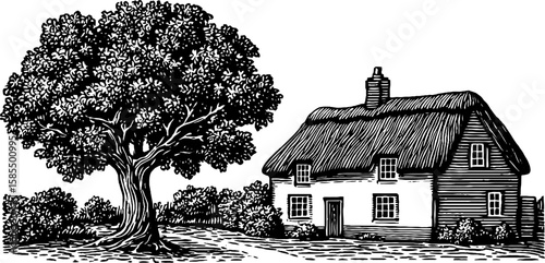Vintage engraved illustration of village inn and snug cottage with oak tree