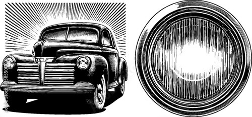 Vintage car and steer engraving set for retro design projects