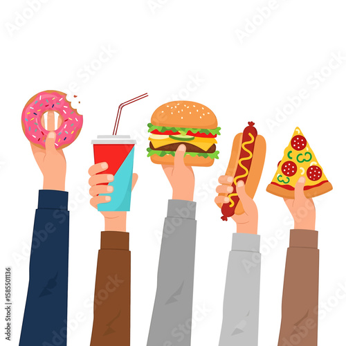 Hands holding fast food items including donut, soda, burger, hotdog and pizza against a white background displaying various meals.