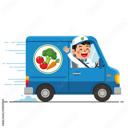 Cute cartoon delivery van with vegetables being driven fast by smiling driver making a healthy food delivery on white