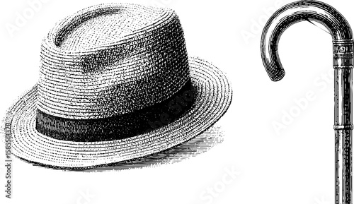 Vintage hat and walking cane engraving set for retro design and decoration