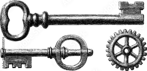 Vintage engraved illustration of antique keys and lock mechanism for historical design