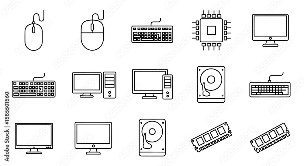 Fototapeta premium Computer Hardware Line Icons Essential PC Components and Peripherals vector designs