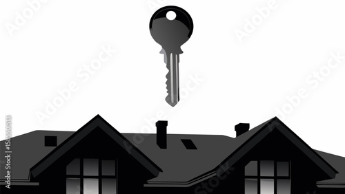 A key hovers above the dark silhouette of a house roof with chimneys and visible windows design element