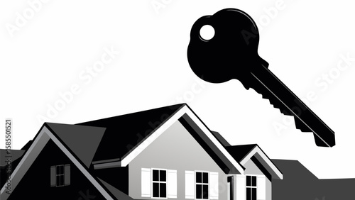 A monochrome illustration of a house with windows and a key floating above the building structure