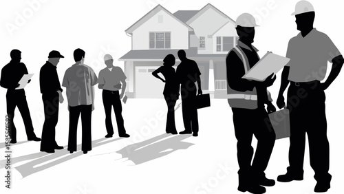 Group of people standing in front of a house with two construction workers discussing plans outside the house