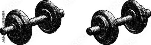 Vintage engraved dumbbells illustration set for fitness design