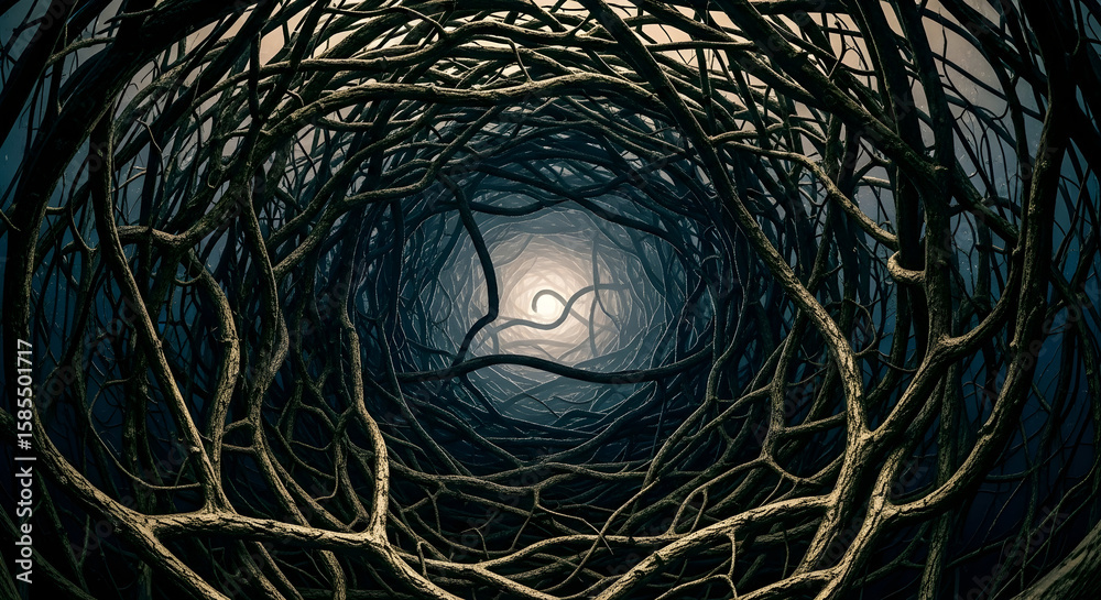 Obraz premium Dense tangle of gnarled branches forming a tunnel towards a distant light