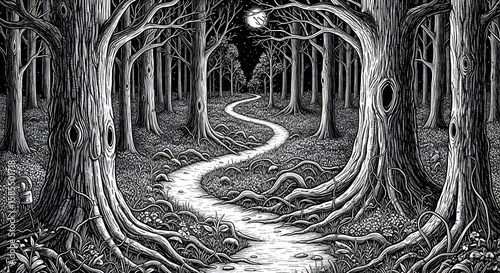 Moonlit Forest Path: A Winding Trail Through Detailed Trees